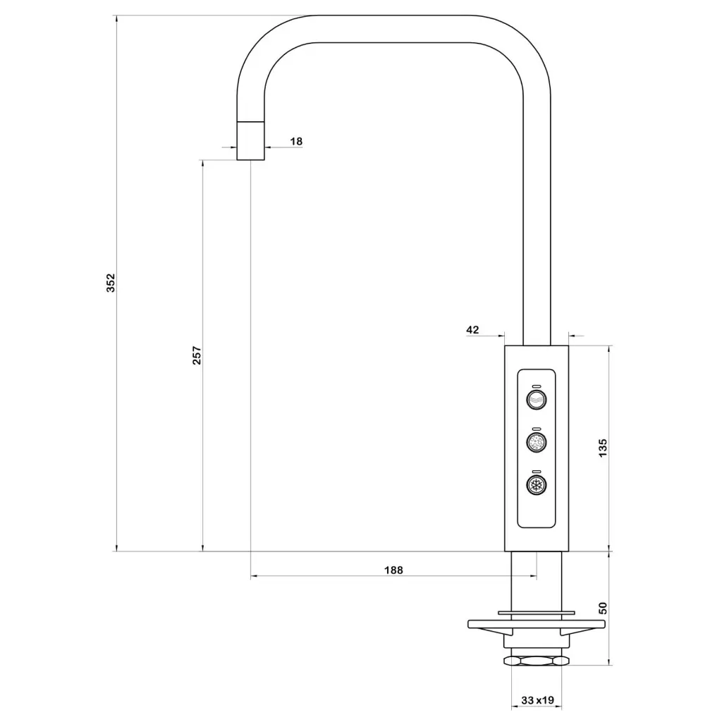 3-Wege-Zusatzarmatur LARA U-Auslauf in Edelstahl Massiv – Wasserhahn geeignet für Sprudelwasseranlagen Zeichnung.webp