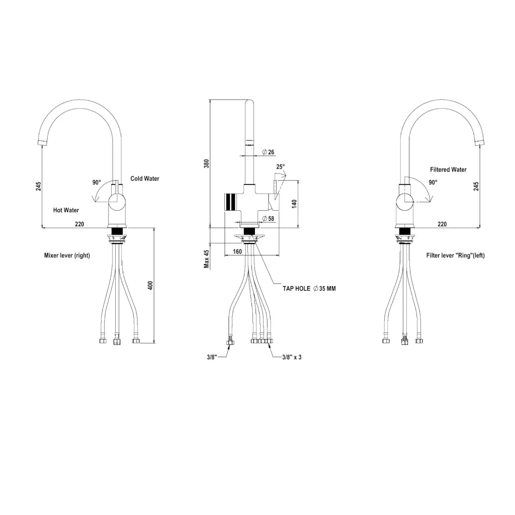 3-Wege-Armatur GM Niederdruck C auslauf technische zeichnung.webp