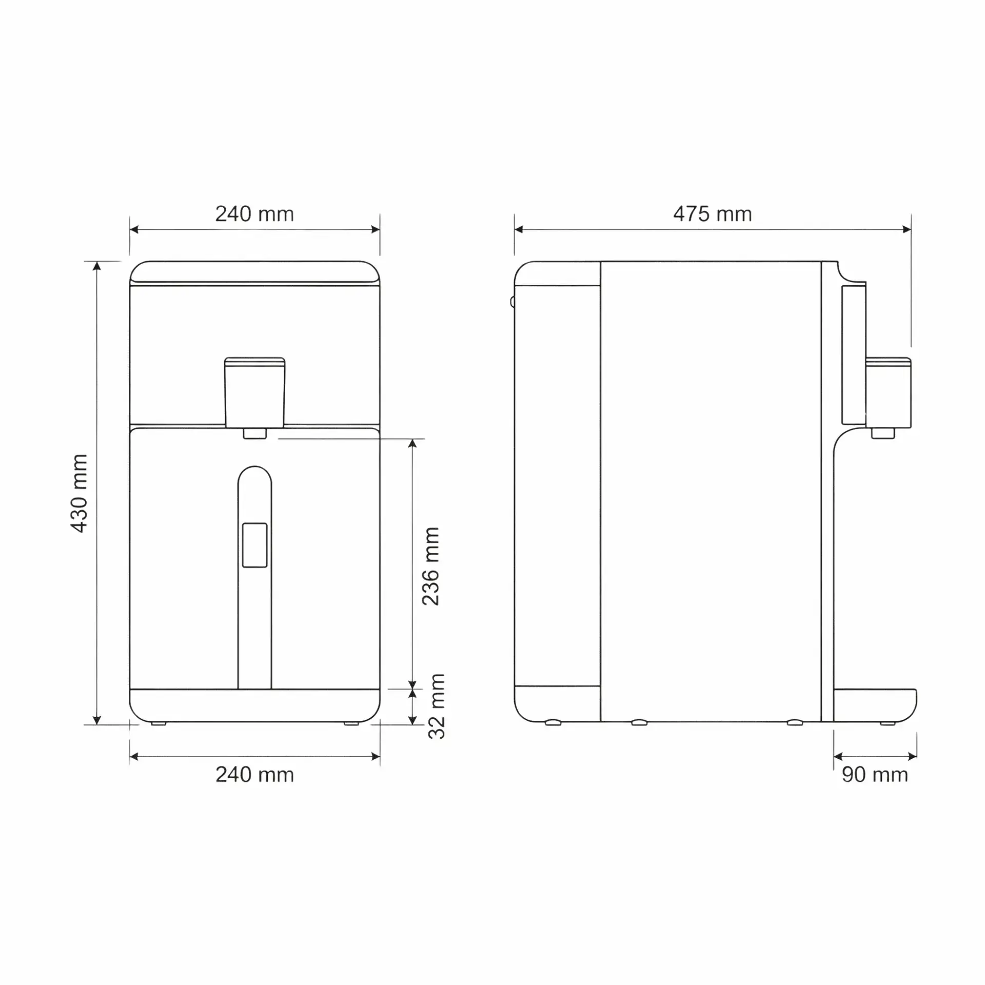 Farbneutrale Maßzeichnung der AORA W23 mit Tank