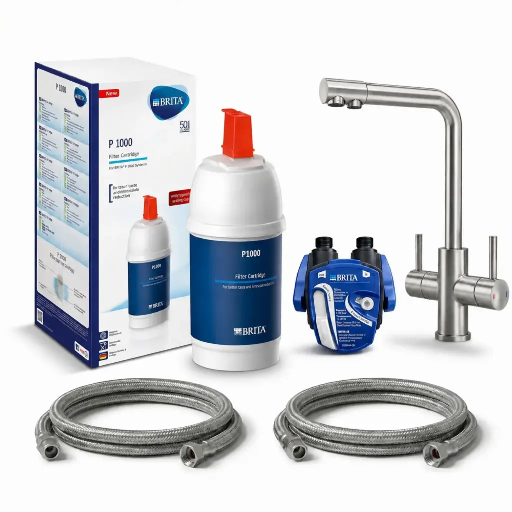 3-Wege-Wasserhahn INOX Edelstahl Set – Küchenarmatur mit BRITA Untertisch-Wasserfilter | Filterkopf, P1000 Filterkartusche, Schläuche & Adapter