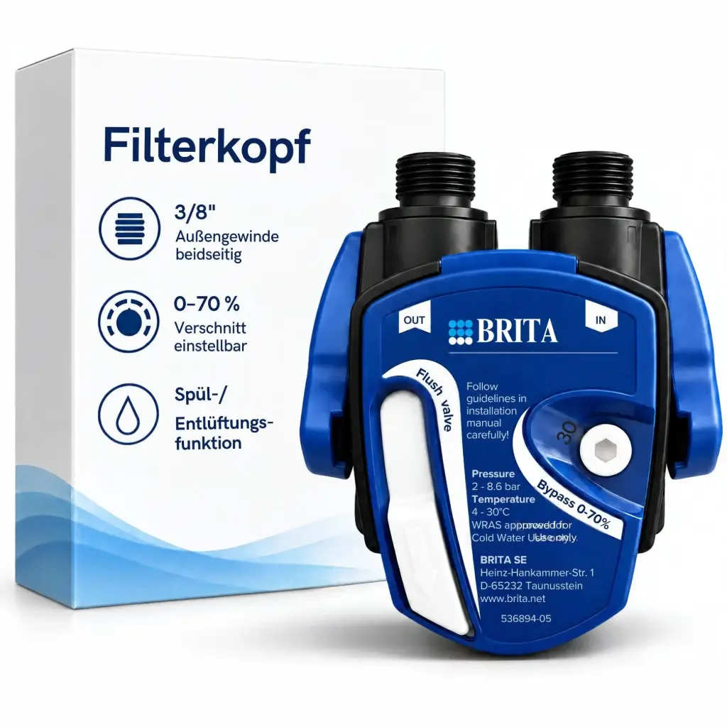 BRITA Filterkopf – kompatibel mit P1000, mypure P1 & Purity C Serie | 0–70 % Verschnitt einstellbar | 3/8" Außengewinde beidseitig