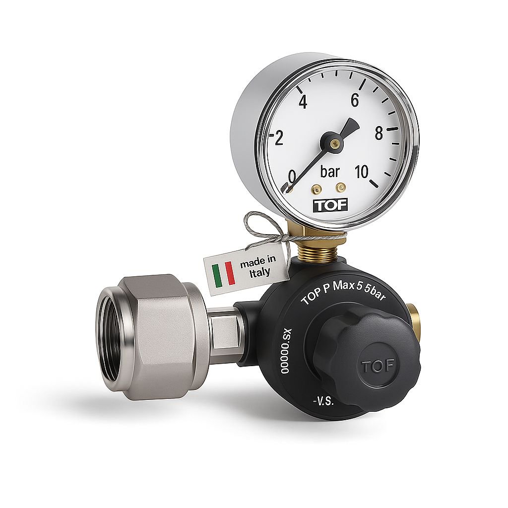 CO2 Druckminderer mit Manometer für CO2 Mehrwegflaschen bis 5,5 bar, EU Norm Anschluss W21,8, Made in Italy