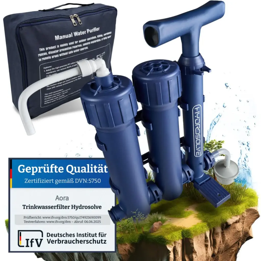HYDROSOLVE Outdoor Tragbarer Wasserfilter Camping Notfall Wasseraufbereitungssystem mit Handpumpe Filtration für Wandern und Camping