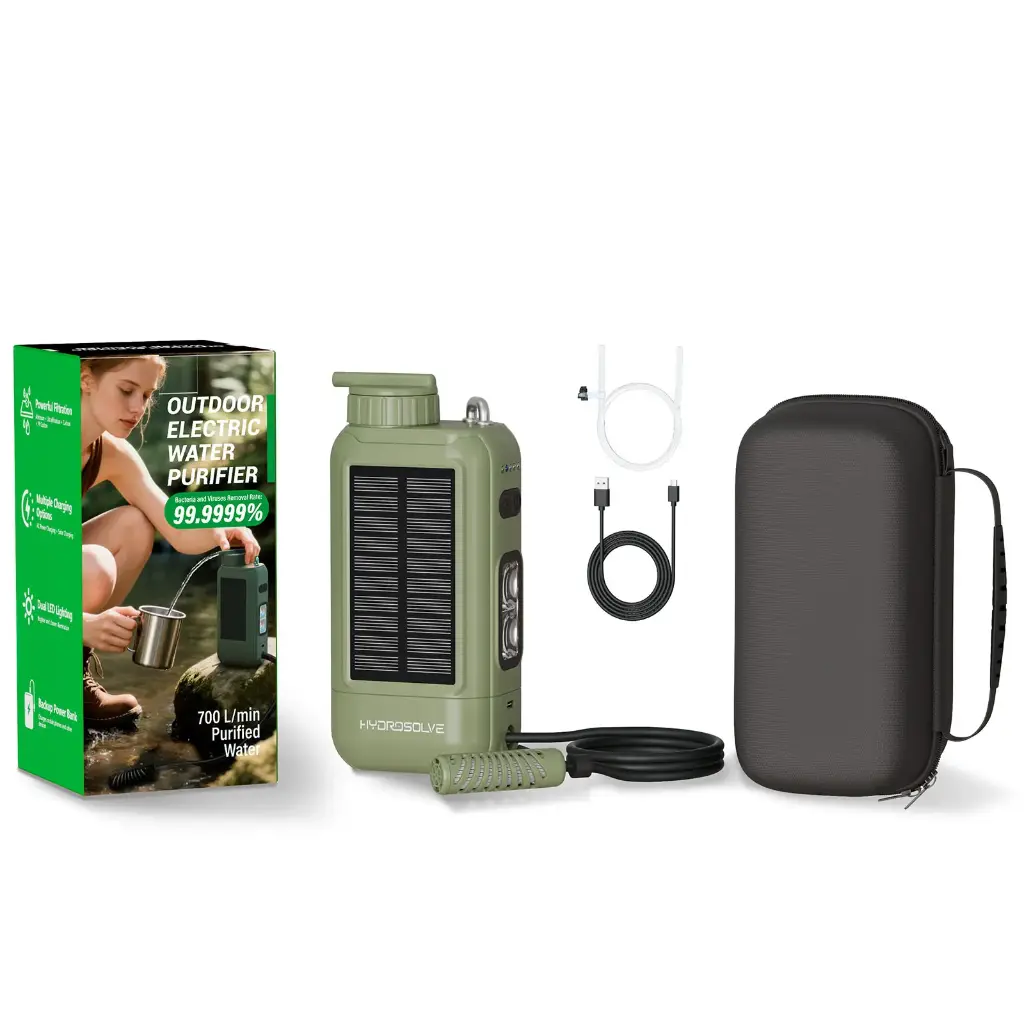 HYDROSOLVE SolarPro Outdoor Wasserfilter – Elektrisch, Tragbar & Wiederaufladbar – 0,01 Mikron – Solar/USB – Powerbank – für Camping, Wandern, Notfall & Survival