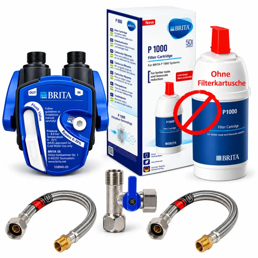 Untertisch-Wasserfilter-Set - BRITA P1000 Anschluss-Set mit Filterkopf, Eckventiladapter & Flexschlauch - in verschiedenen Ausführungen/Sets