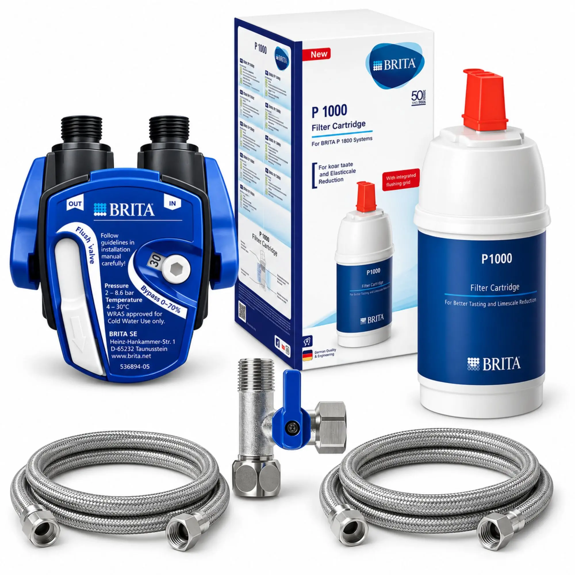 BRITA P1000 Anschluss-Set mit Filterkopf, Eckventiladapter und Flexschläuchen