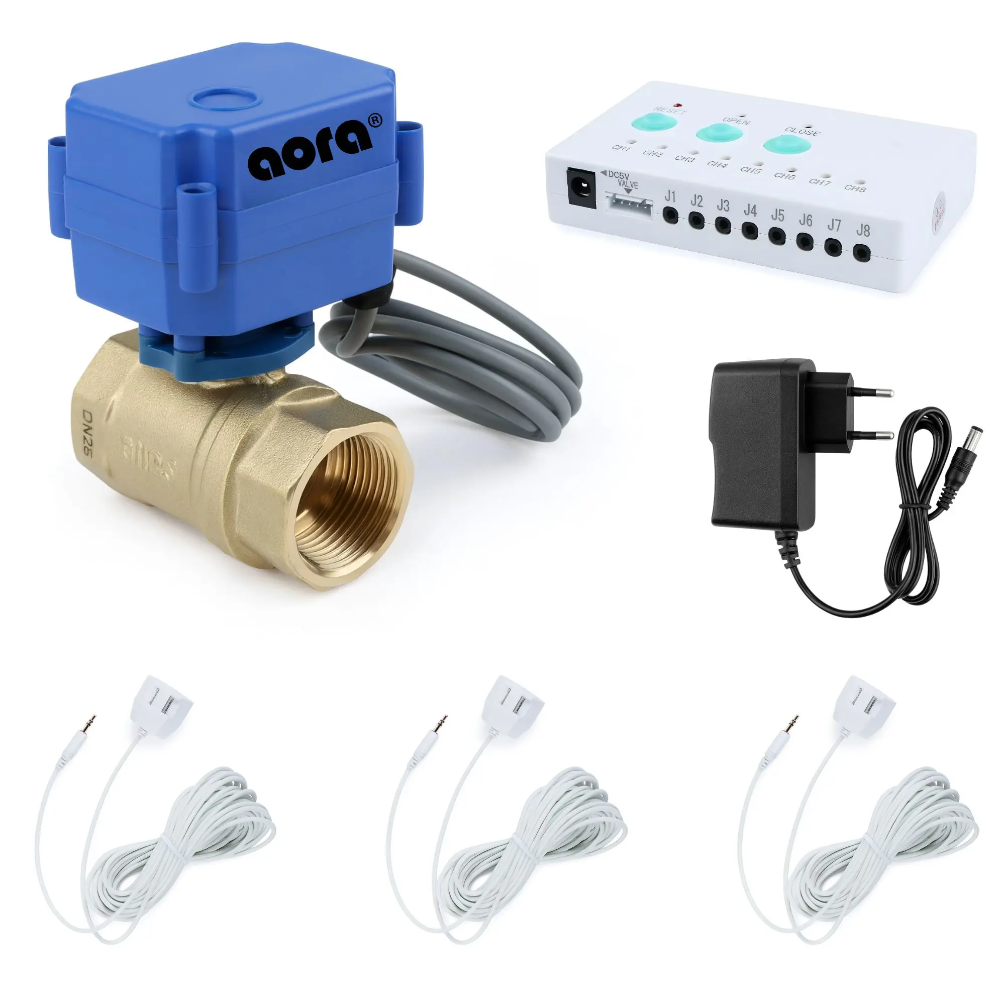 AORA AQUA STOP mit Steuerbox, motorisiertem Absperrventil, Sensoren und Netzadapter